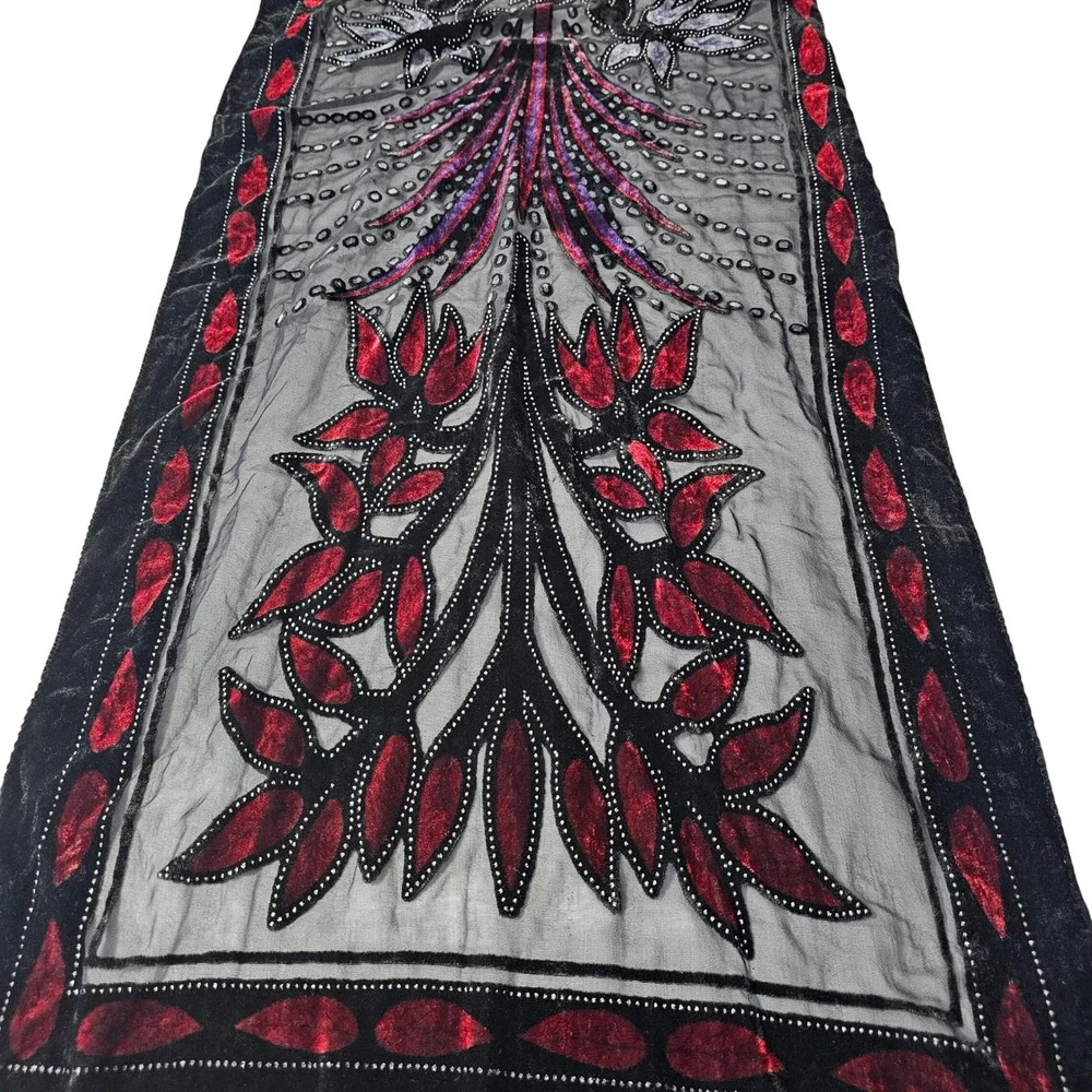 Silk Velvet Burnout Shawl Scarf OS Black Red Gothic Art Deco Flapper Fringe